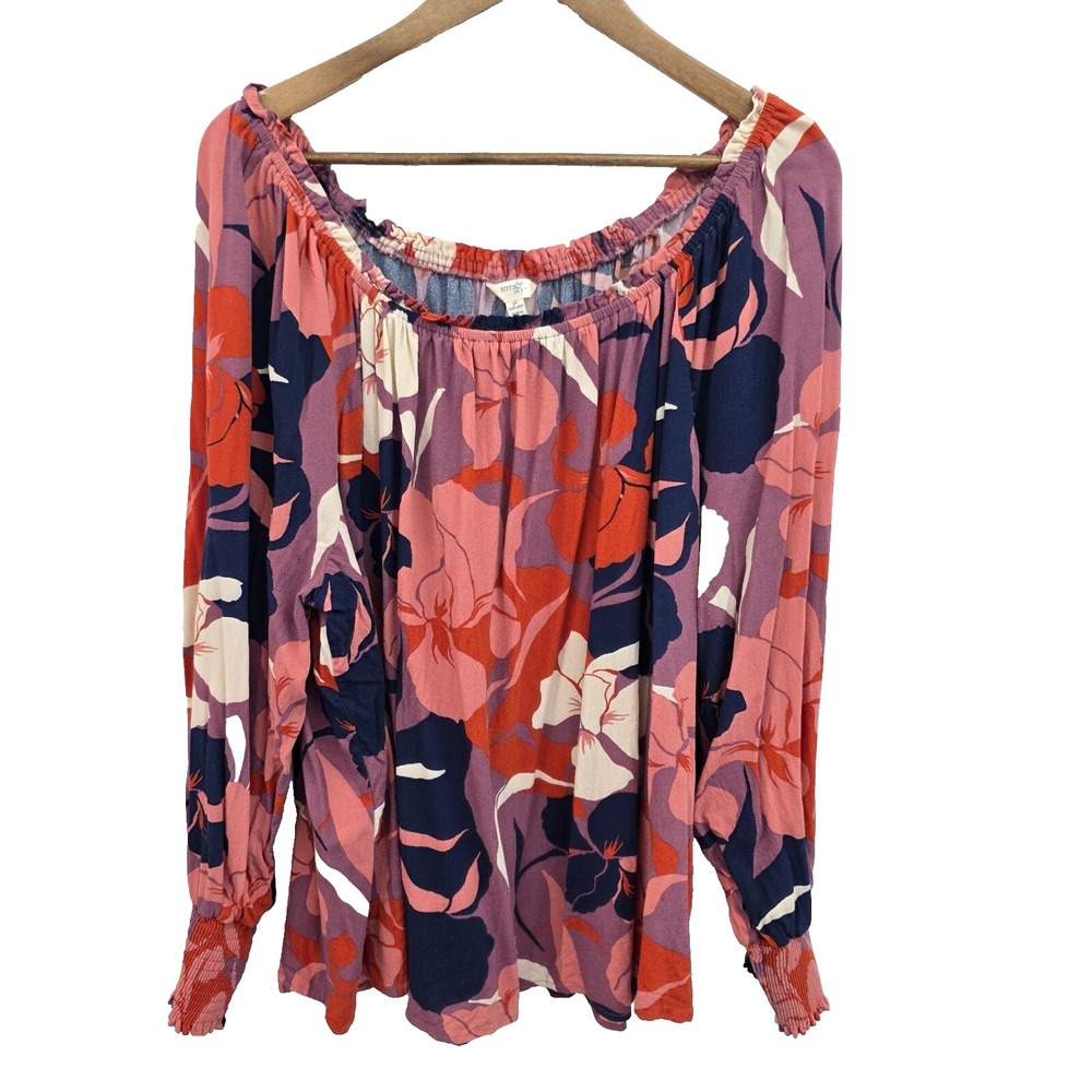 Terra & Sky Floral Off Shoulder Boho Blouse Long Sleeve Womens Size 3X (24W–26W)